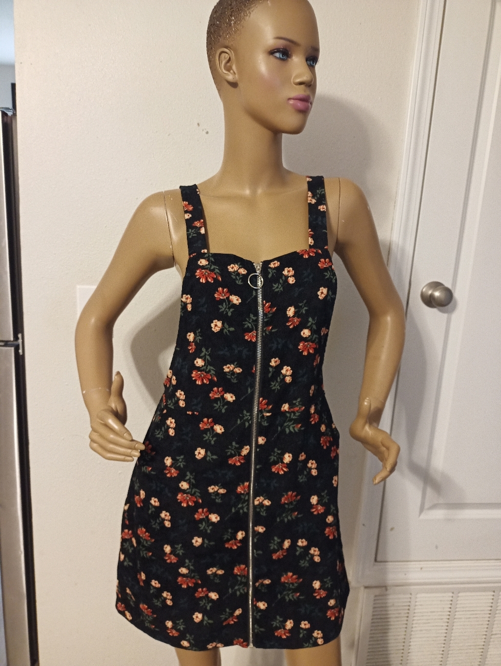 Floral Zip-Front Black Mini Dress